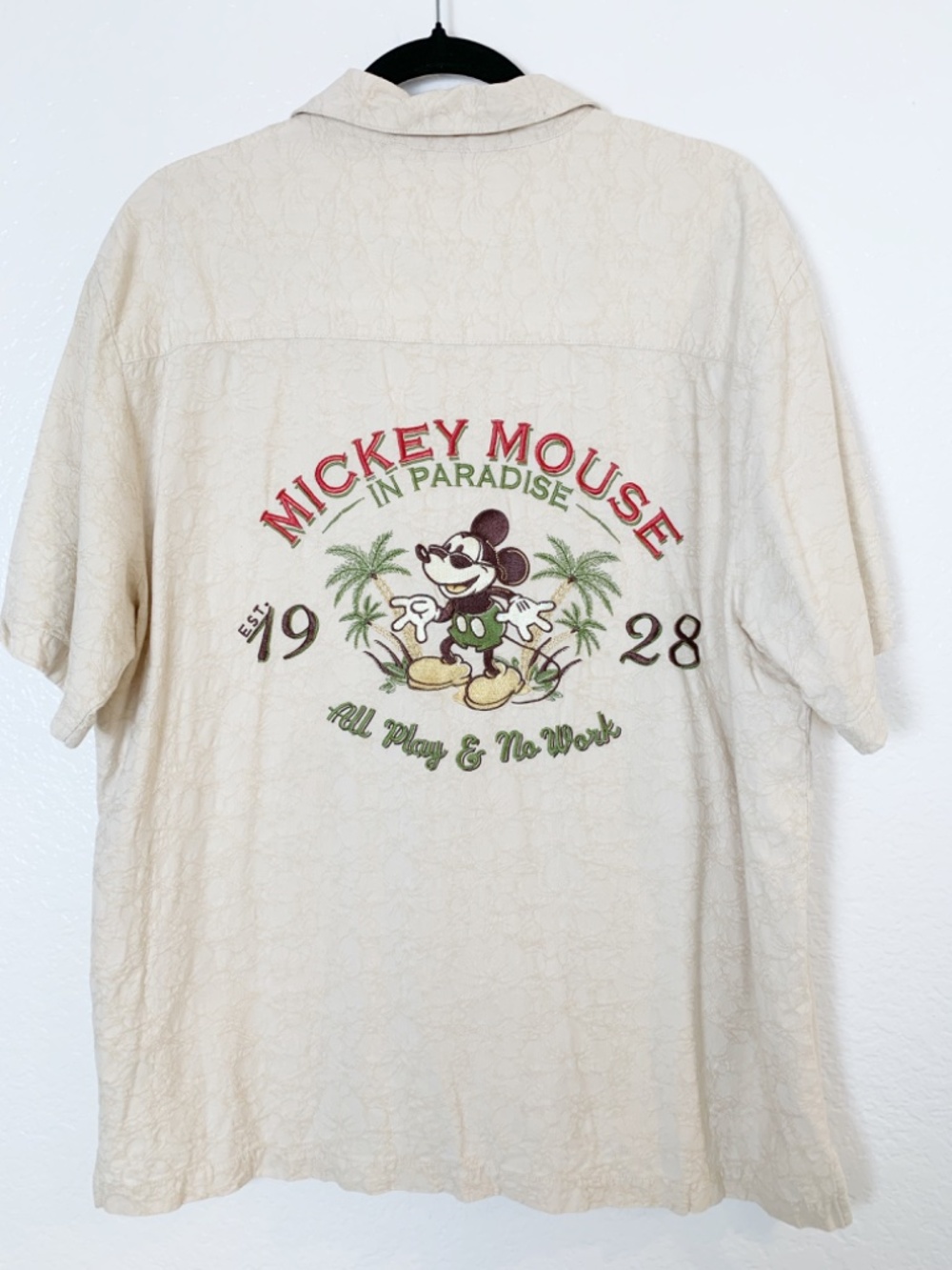 Disney Parks Men's Embroidered Camp Shirt Size Large Button Up Tan Mickey Mouse